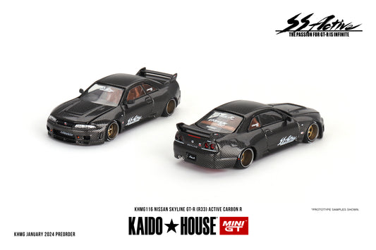 Mini GT Kaido House 116 Nissan Skyline GT-R R33 Active Carbon R V1 2024 1/64 Diecast Hero
