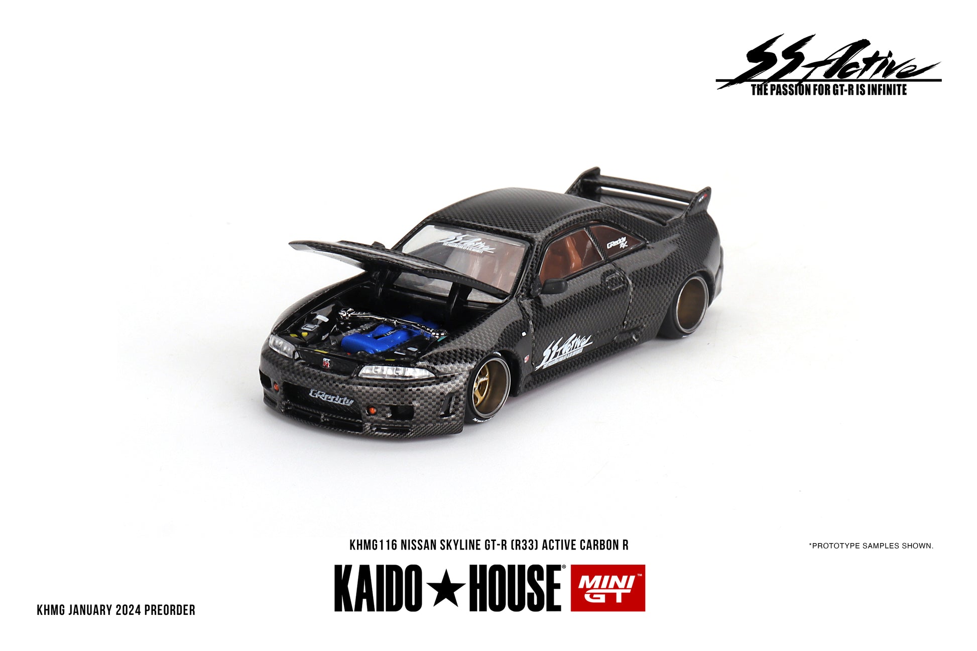 Mini GT Kaido House 116 Nissan Skyline GT-R R33 Active Carbon R V1 2024 1/64 Diecast Hood