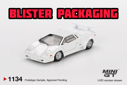 Mini GT Lamborghini Countach 25th Anniversary White Blister Packaging MGT01134 1/64 Diecast