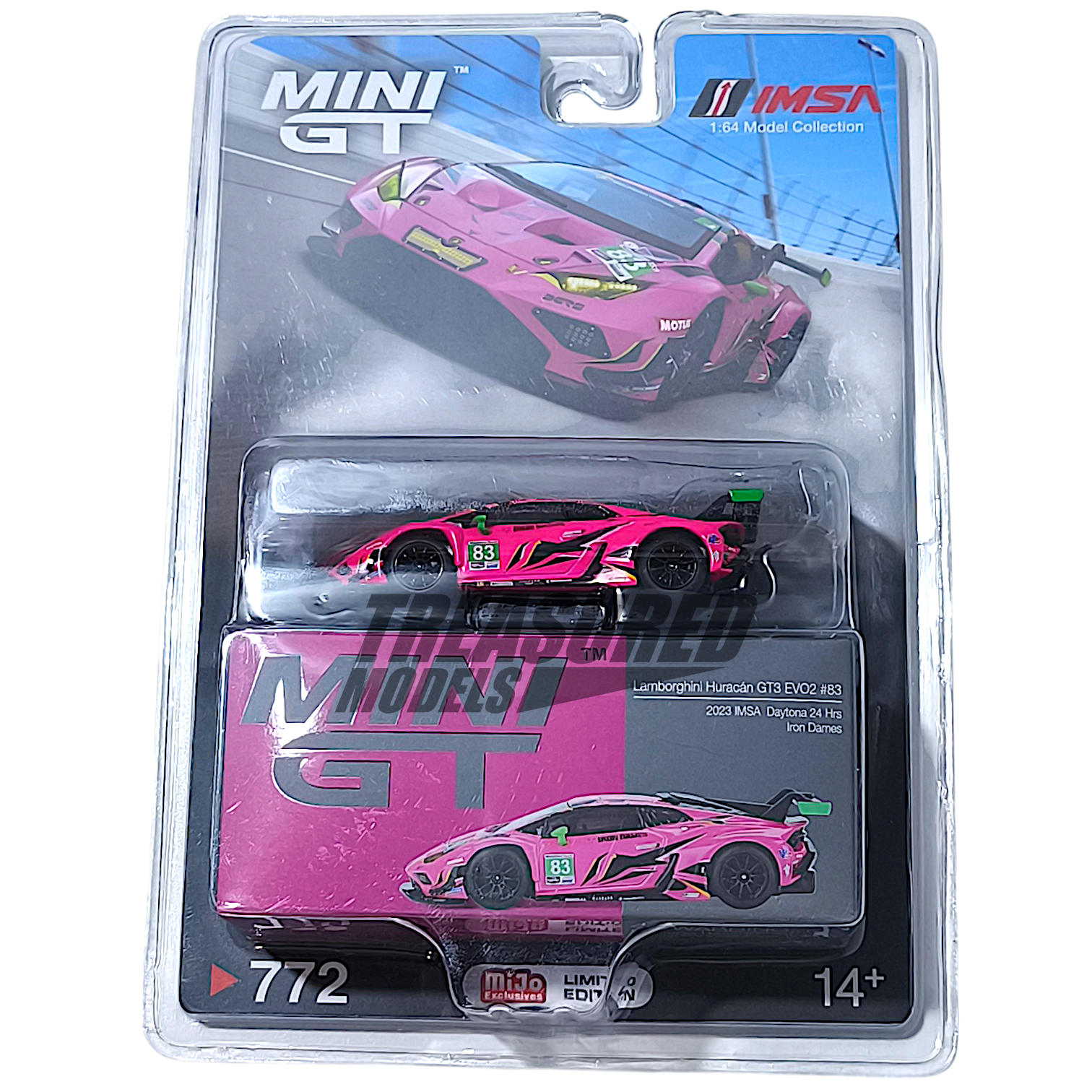 Mini GT Lamborghini Huracán GT3 EVO2 #83 Iron Dames 2023 IMSA Daytona 24 Hrs Blister Packaging MGT00772 1/64 Diecast