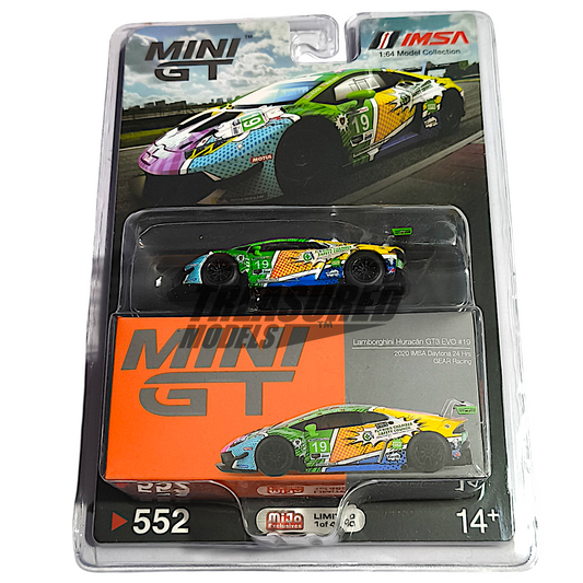 Mini GT Lamborghini Huracán GT3 EVO #19 GEAR Racing 2020 IMSA Daytona 24 Hrs Blister Packaging MGT00552 1/64 Diecast