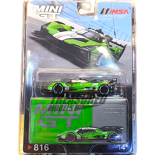 Mini GT Lamborghini SC63 #63 2024 IMSA Sebring 12 Hrs Iron Lynx Blister Packaging MGT00816 1/64 Die Cast