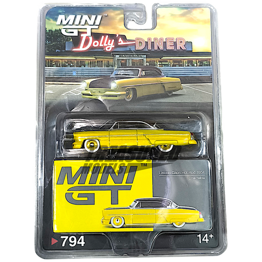 Mini GT Lincoln Capri Hot Rod 1954 Lime Yellow Blister Packaging MGT00794 1/64 Diecast