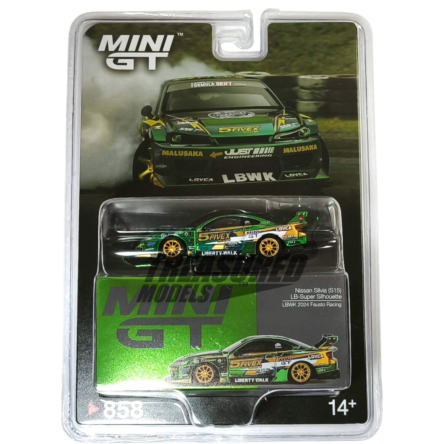Mini GT Nissan Silvia S15 LB-Super Silhouette LBWK 2024 Fausto Racing Blister Packaging MGT00858 1/64 Die Cast
