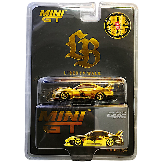 Mini GT Nissan Silvia S15 LB-Super Silhouette Type II Gold Chrome Liberty Walk Tokyo Store 2nd Anniversary Edition 1/64 Die Cast