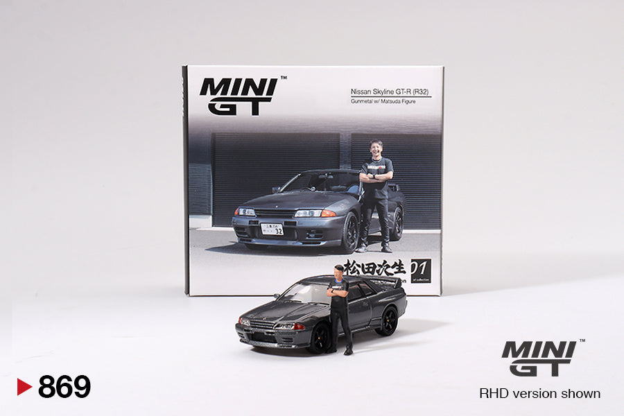 Mini GT Nissan Skyline GT-R (R32) Gunmetal W Matsuda Figure Tsugio Matsuda Collection MGT00869 1/64 Diecast