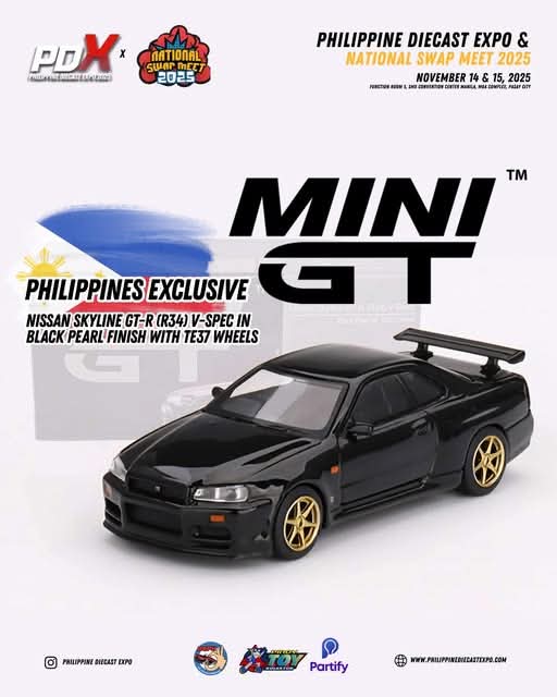 Mini GT Nissan Skyline GT-R R34 V-Spec Black Pearl w TE37 Wheels Philippines Exclusive Limited Edition 2500pcs PDX2025 MGT00126 1/64 Diecast