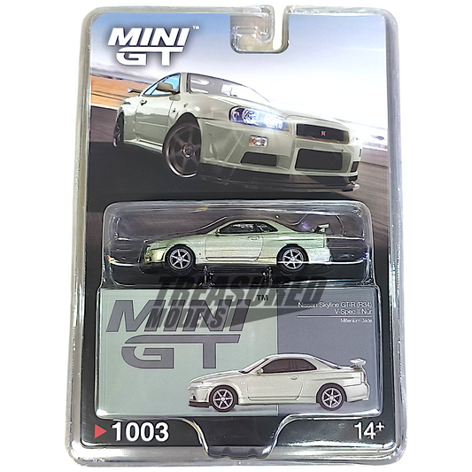 Mini GT Nissan Skyline GT-R (R34) V-Spec II Nür Millenium Jade Blister Packaging MGT01003 1/64 Diecast