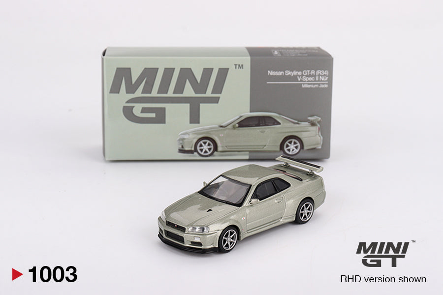 Mini GT Nissan Skyline GT-R (R34) V-Spec II Nür Millenium Jade MGT01003 1/64 Diecast