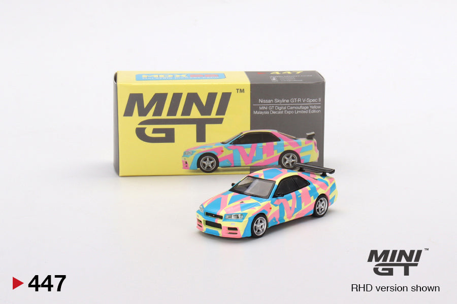 Mini GT Nissan Skyline GT-R R34 V-Spec ll MINI GT Digital Camouflage Yellow MGT00447 1/64 Die Cast