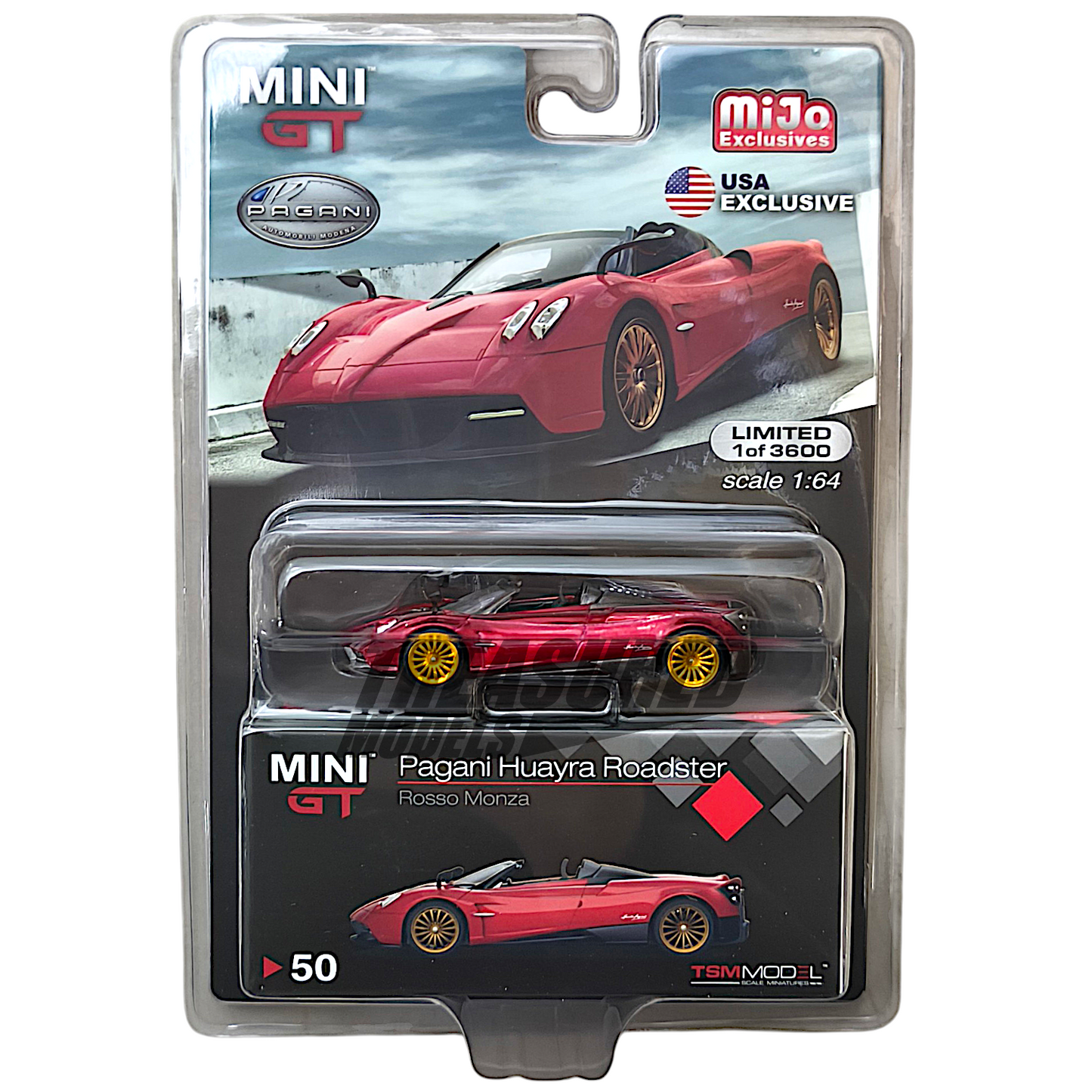 Mini GT Pagani Huayra Roadster Rosso Monza Blister Packaging