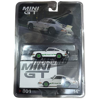 Mini GT Porsche 911 Carrera RS 2.7 Grand Prix White with Green Livery Blister Packaging MGT00801 1/64 Diecast
