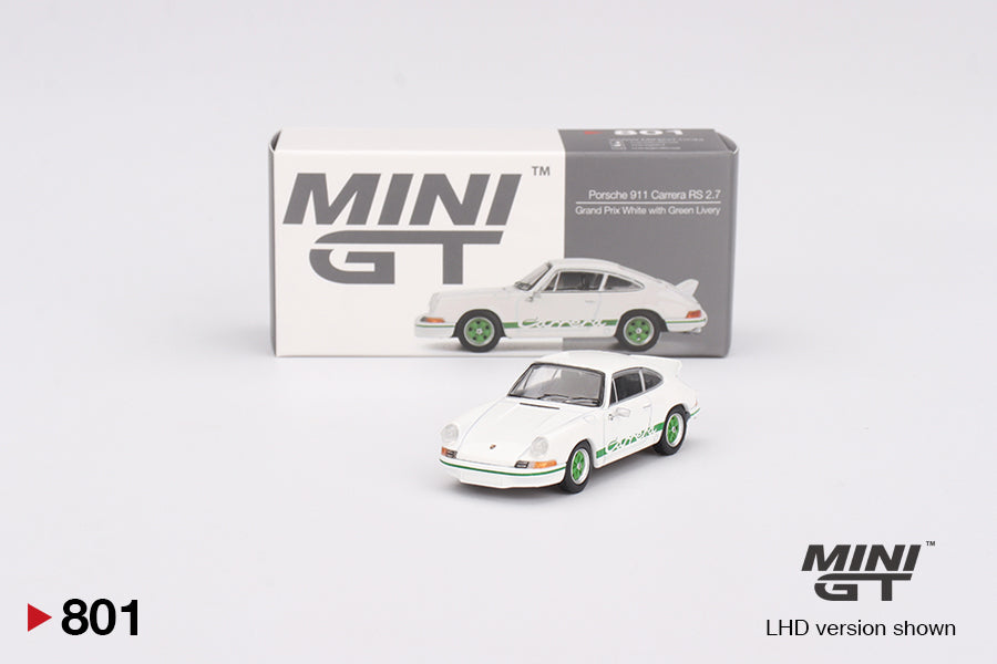 Mini GT Porsche 911 Carrera RS 2.7 Grand Prix White with Green Livery MGT00801 1/64 Die Cast