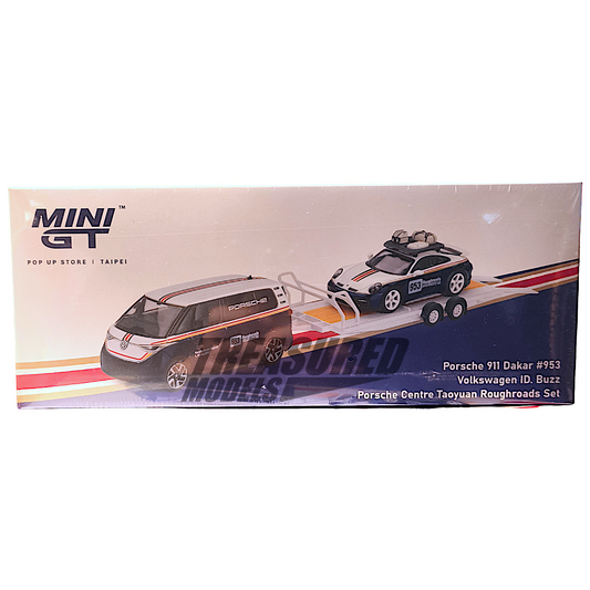 Mini GT Porsche 911 Dakar #953 Volkswagen ID Buzz Porsche Centre Taoyuan Roughroads Set Mini GT Pop Up Store Taiwan Limited Edition 2500 Sets MGTS0020 1/64 Diecast