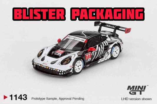 Mini GT Porsche 911 GT3 R #77 AO Racing 2025 IMSA Petit Le Mans Skeleton Rexy Blister Packaging MGT01143 1/64 Diecast