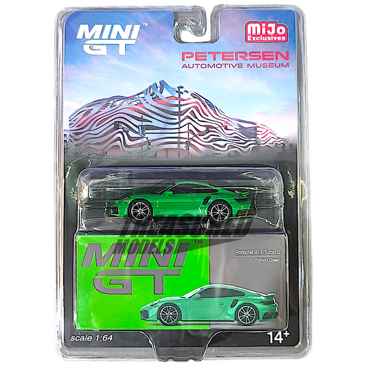 Mini GT Porsche 911 Turbo S Python Green Petersen Automotive Museum Blister Packaging MGT00525 1/64 Diecast
