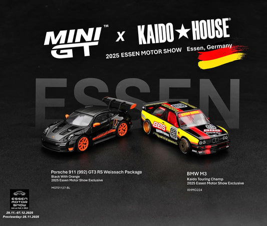 Mini GT x Kaido HousePorsche 911 GT3 RS Weissach Package Black with Orange BMW M3 Kaido Touring Champ 2025 Essen Motor Show Exclusive - EMS 1/64 Diecast
