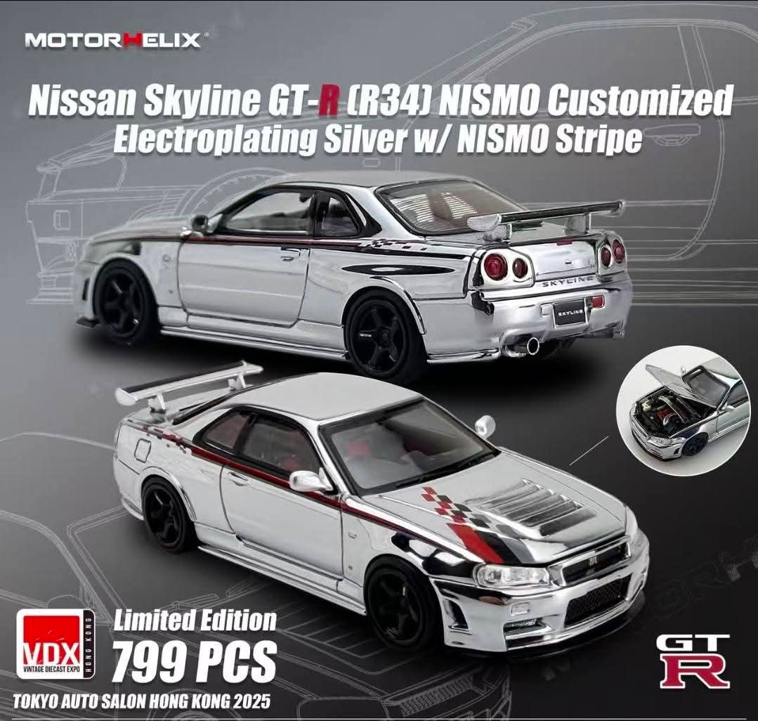 Motor Helix Nissan Skyline GT-R R34 Nismo Customized Electroplating Silver w Nismo Stripe Chrome Silver VDX TAS HK 2025 1/64 Diecast