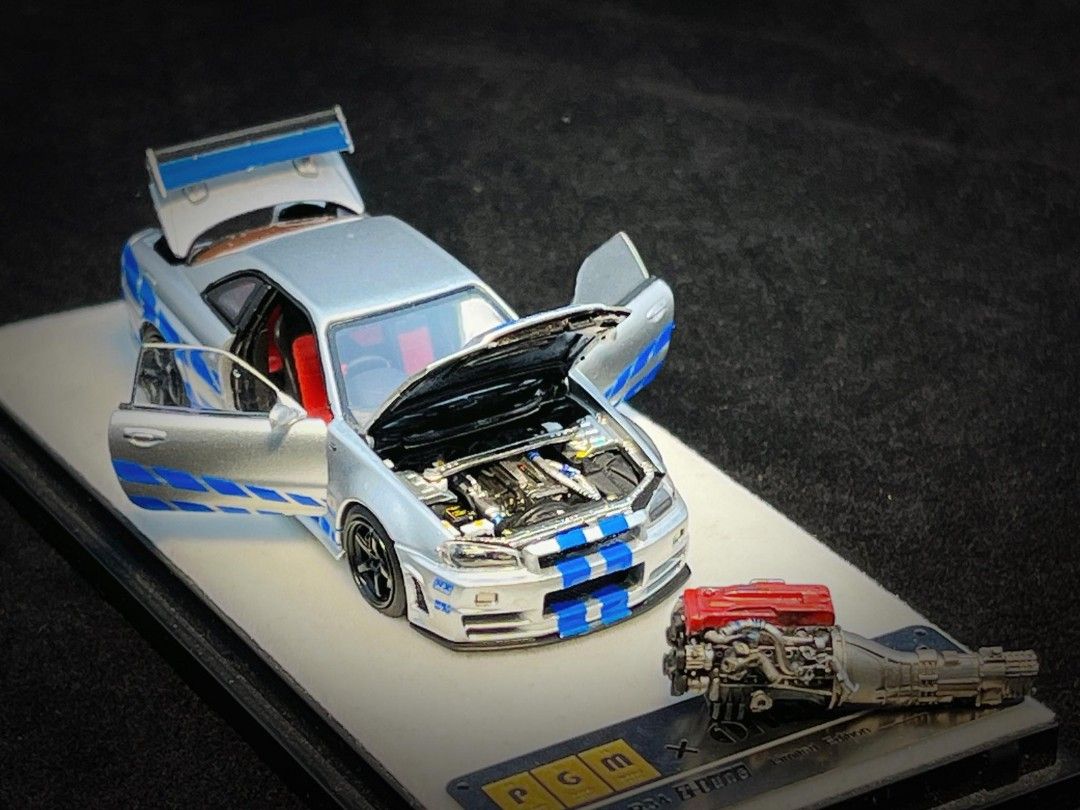 PGM Nissan GT-R R34 Z-Tune Silver Blue Stripe Ordinary Version PGM-641004 1/64 Diecast