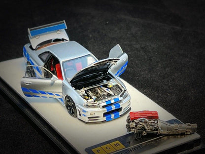 PGM Nissan GT-R R34 Z-Tune Silver Blue Stripe Ordinary Version PGM-641004 1/64 Diecast