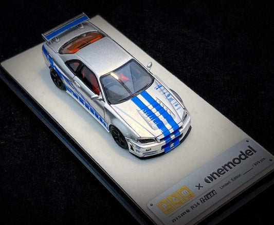 PGM Nissan GT-R R34 Z-Tune Silver Blue Stripe Ordinary Version PGM-641004 1/64 Diecast