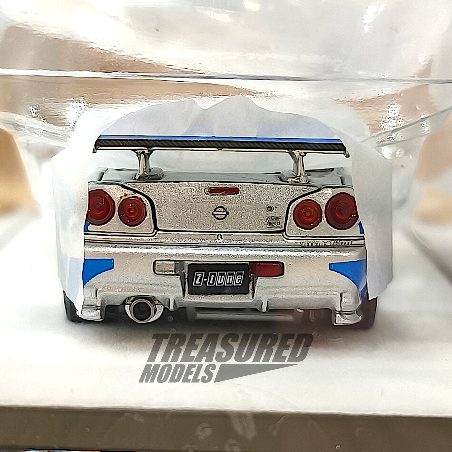 PGM Nissan GT-R R34 Z-Tune Silver Blue Stripe Ordinary Version PGM-641004 1/64 Diecast