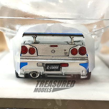 PGM Nissan GT-R R34 Z-Tune Silver Blue Stripe Ordinary Version PGM-641004 1/64 Diecast