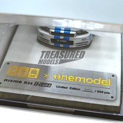 PGM Nissan GT-R R34 Z-Tune Silver Blue Stripe Ordinary Version PGM-641004 1/64 Diecast