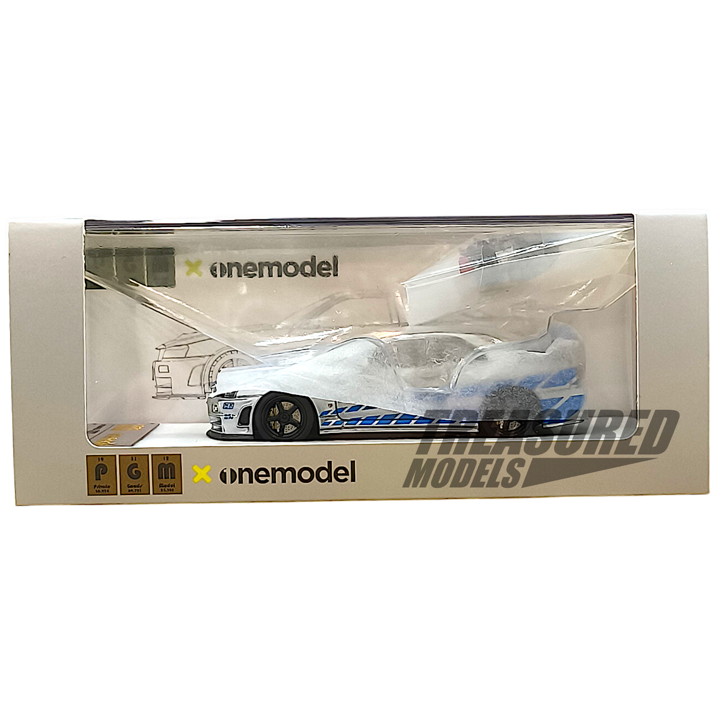 PGM Nissan GT-R R34 Z-Tune Silver Blue Stripe Ordinary Version PGM-641004 1/64 Diecast