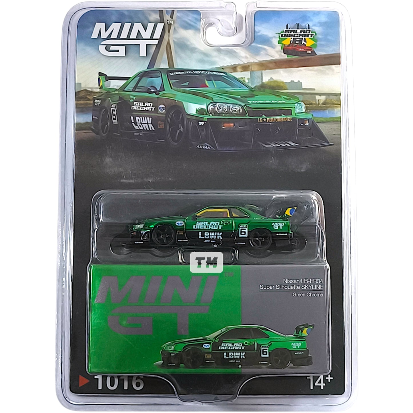 Mini GT Nissan LB-ER34 Super Silhouette SKYLINE Green Chrome 2025 Salão DieCast 6 MGT01016-BL 1/64 Diecast