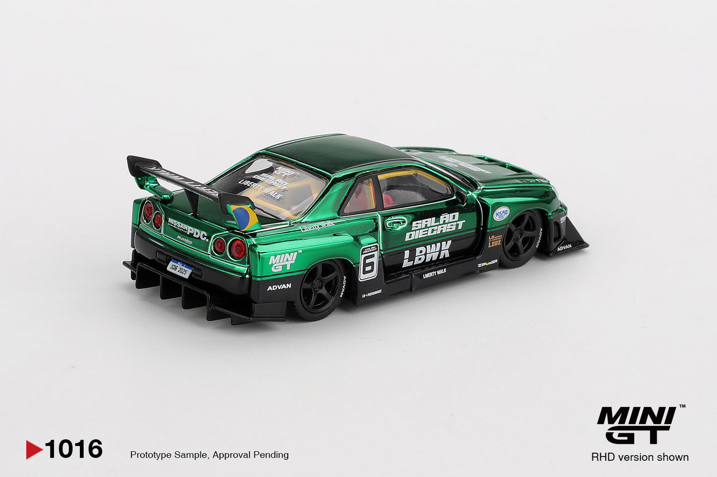 Mini GT Nissan LB-ER34 Super Silhouette SKYLINE Green Chrome 2025 Salão DieCast 6 MGT01016-BL 1/64 Diecast