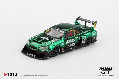 Mini GT Nissan LB-ER34 Super Silhouette SKYLINE Green Chrome 2025 Salão DieCast 6 MGT01016-BL 1/64 Diecast