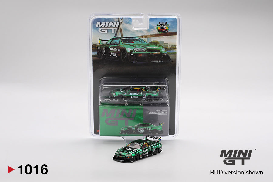 Mini GT Nissan LB-ER34 Super Silhouette SKYLINE Green Chrome 2025 Salão DieCast 6 MGT01016-BL 1/64 Diecast