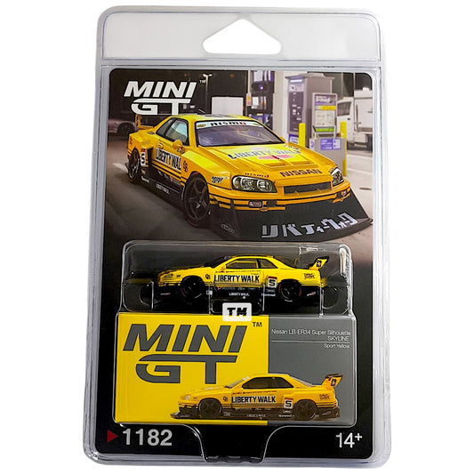Mini GT Nissan LB-ER34 Super Silhouette  SKYLINE Sport Yellow Blister Packaging MGT01182-BL 1/64 Diecast