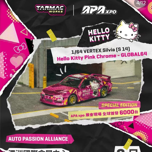 Tarmac Works Nissan Silvia S14 Vertex Hello Kitty Pink Chrome APAxpo 2025 T64G-018-HK2 1/64 Diecast