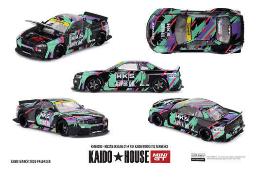 [Pre-Order] Kaido House Nissan Skyline GT-R R34 Kaido Works V2 Aero HKS KHMG280 1/64 Diecast