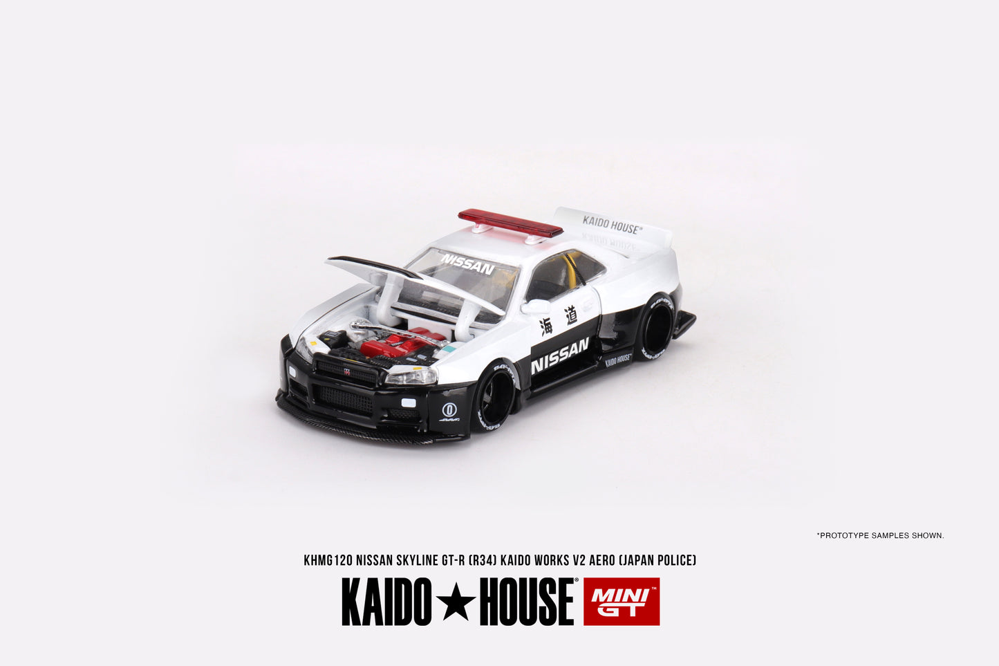 Kaido House Mini GT Nissan Skyline GT-R R34 Kaido Works V2 Aero Police KHMG120 1/64 Die Cast