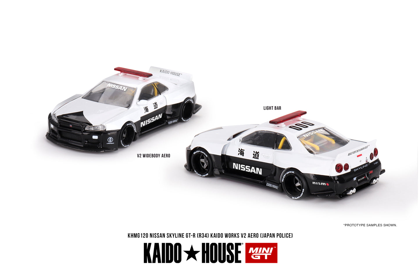 Kaido House Mini GT Nissan Skyline GT-R R34 Kaido Works V2 Aero Police KHMG120 1/64 Die Cast