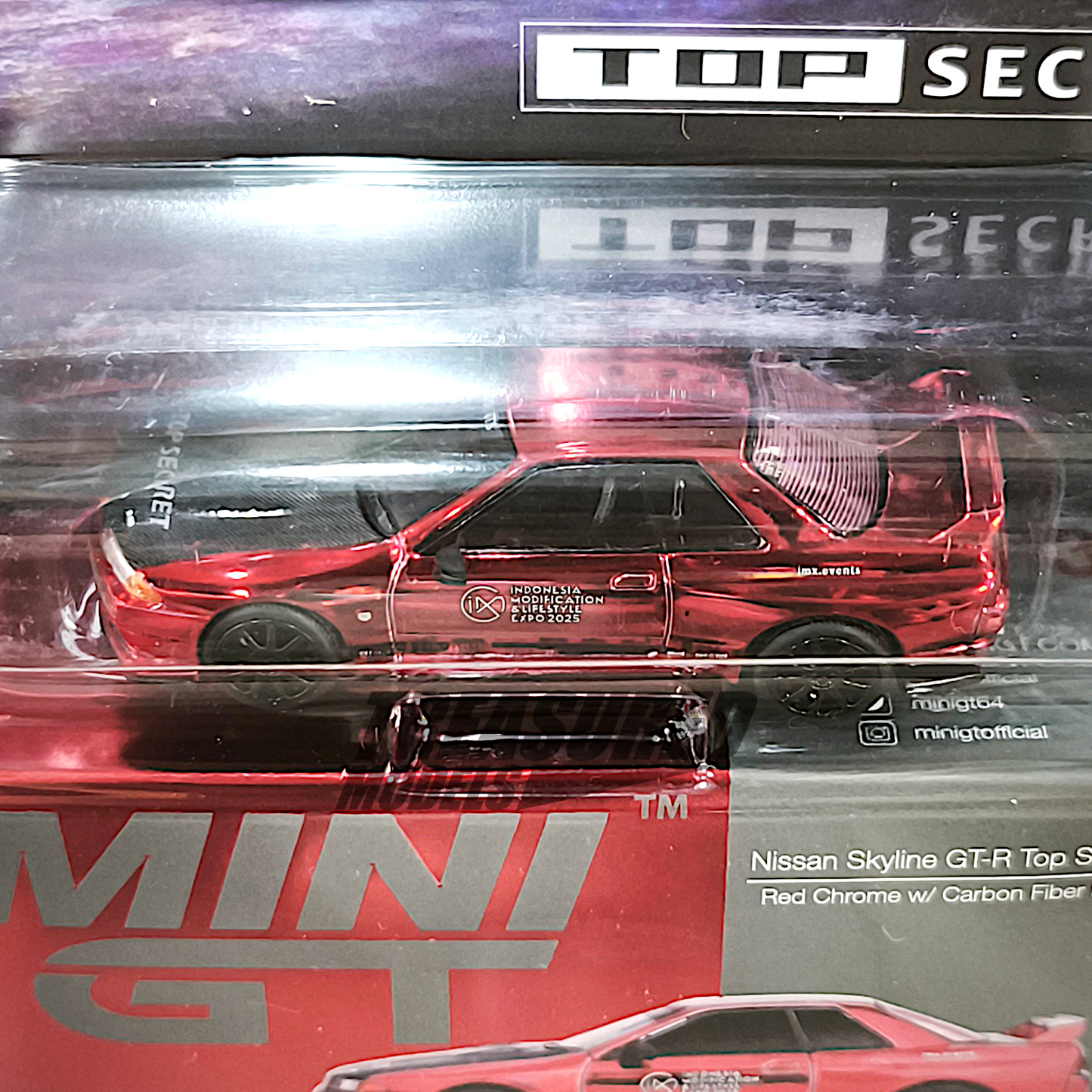 Mini GT Nissan Skyline GT-R Top Secret Red Chrome w Carbon Fiber Hood IMX 2025 MGT01073 1/64 Diecast