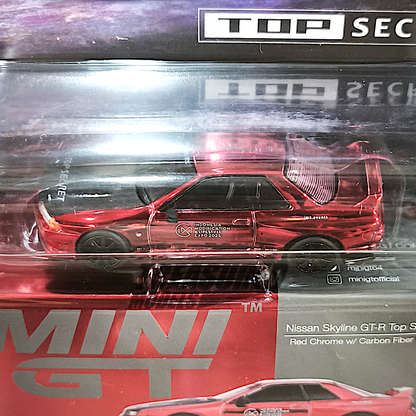 Mini GT Nissan Skyline GT-R Top Secret Red Chrome w Carbon Fiber Hood IMX 2025 MGT01073 1/64 Diecast
