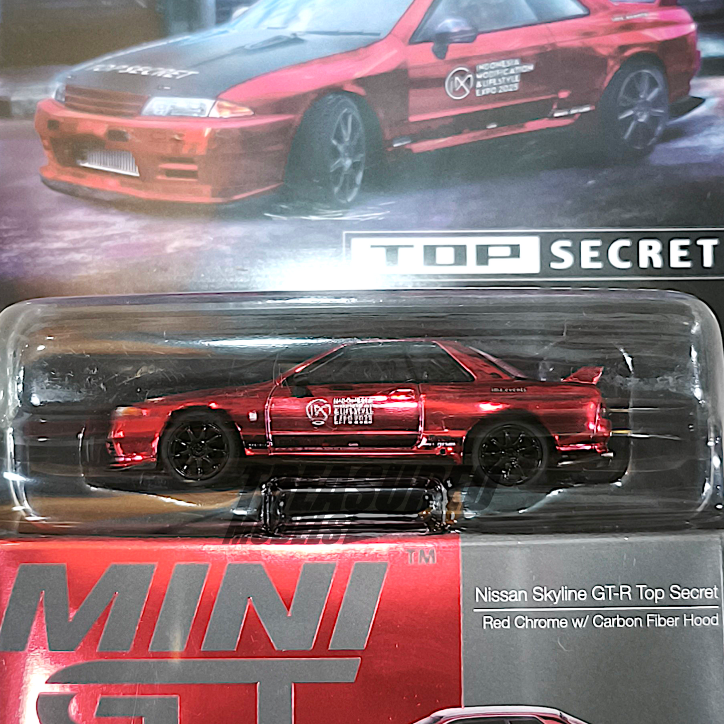 Mini GT Nissan Skyline GT-R Top Secret Red Chrome w Carbon Fiber Hood IMX 2025 MGT01073 1/64 Diecast