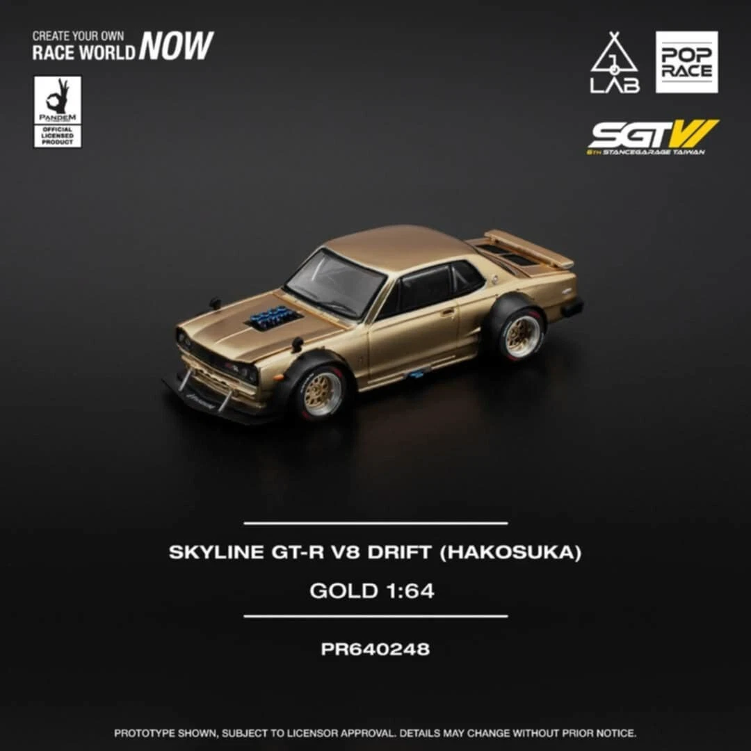 Pop Race Nissan Skyline GT-R V8 Hakosuka Gold Taiwan Edition PR640248 1/64 Diecast