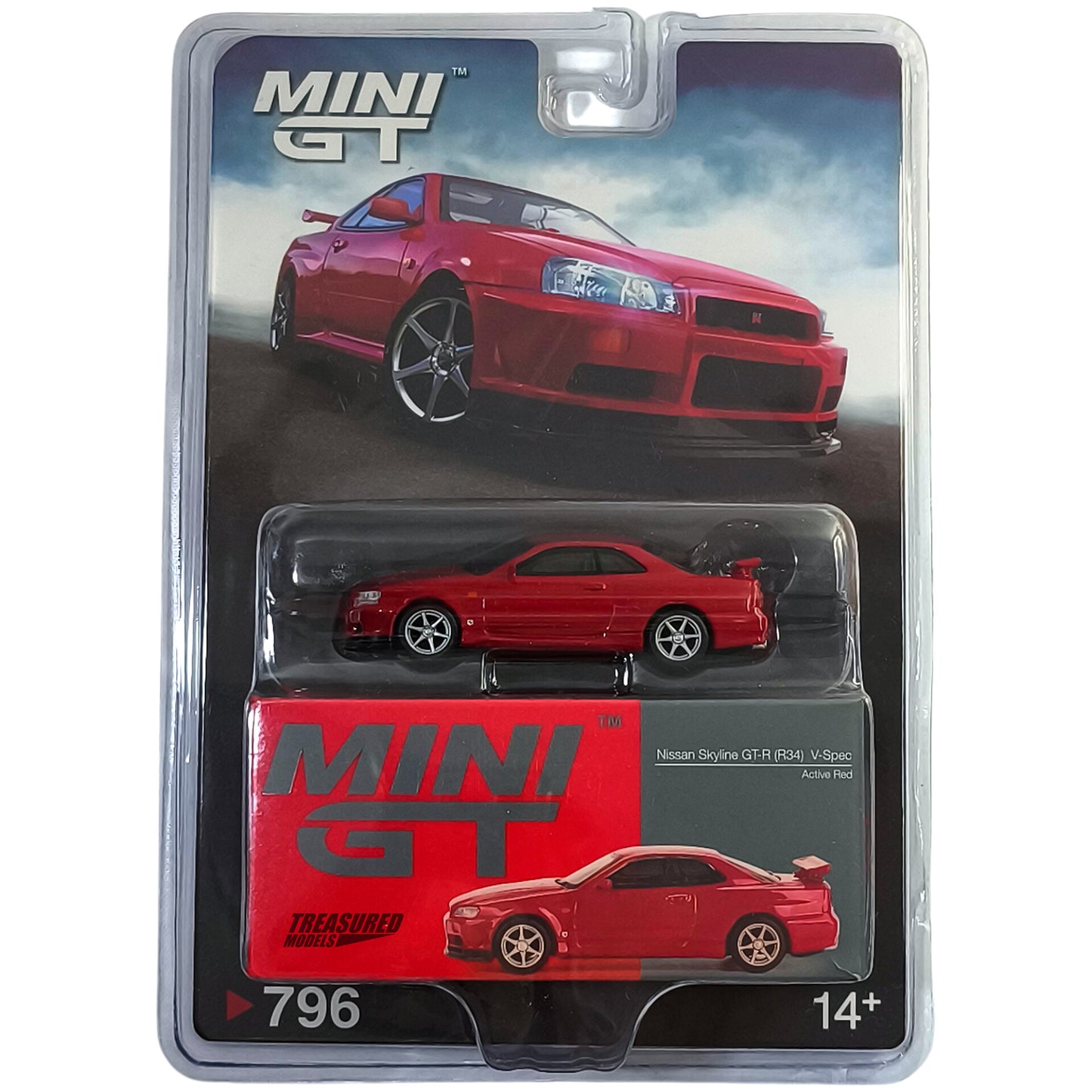 Mini GT Nissan Skyline GT-R (R34) V-Spec Active Red Blister Packaging MGT00796BL 1/64 Diecast