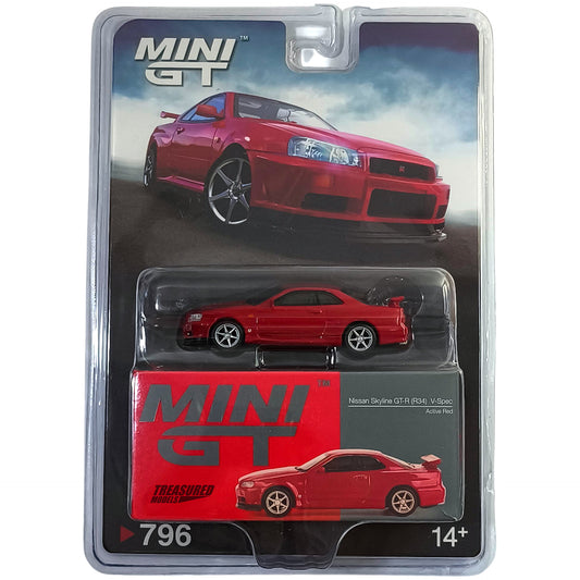 Mini GT Nissan Skyline GT-R (R34) V-Spec Active Red Blister Packaging MGT00796BL 1/64 Diecast