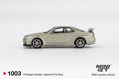 Mini GT Nissan Skyline GT-R (R34) V-Spec II Nür Millenium Jade Blister Packaging MGT01003 1/64 Diecast