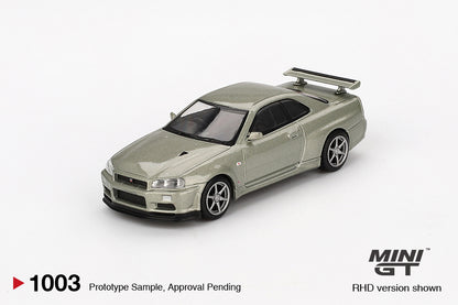 Mini GT Nissan Skyline GT-R (R34) V-Spec II Nür Millenium Jade Blister Packaging MGT01003 1/64 Diecast