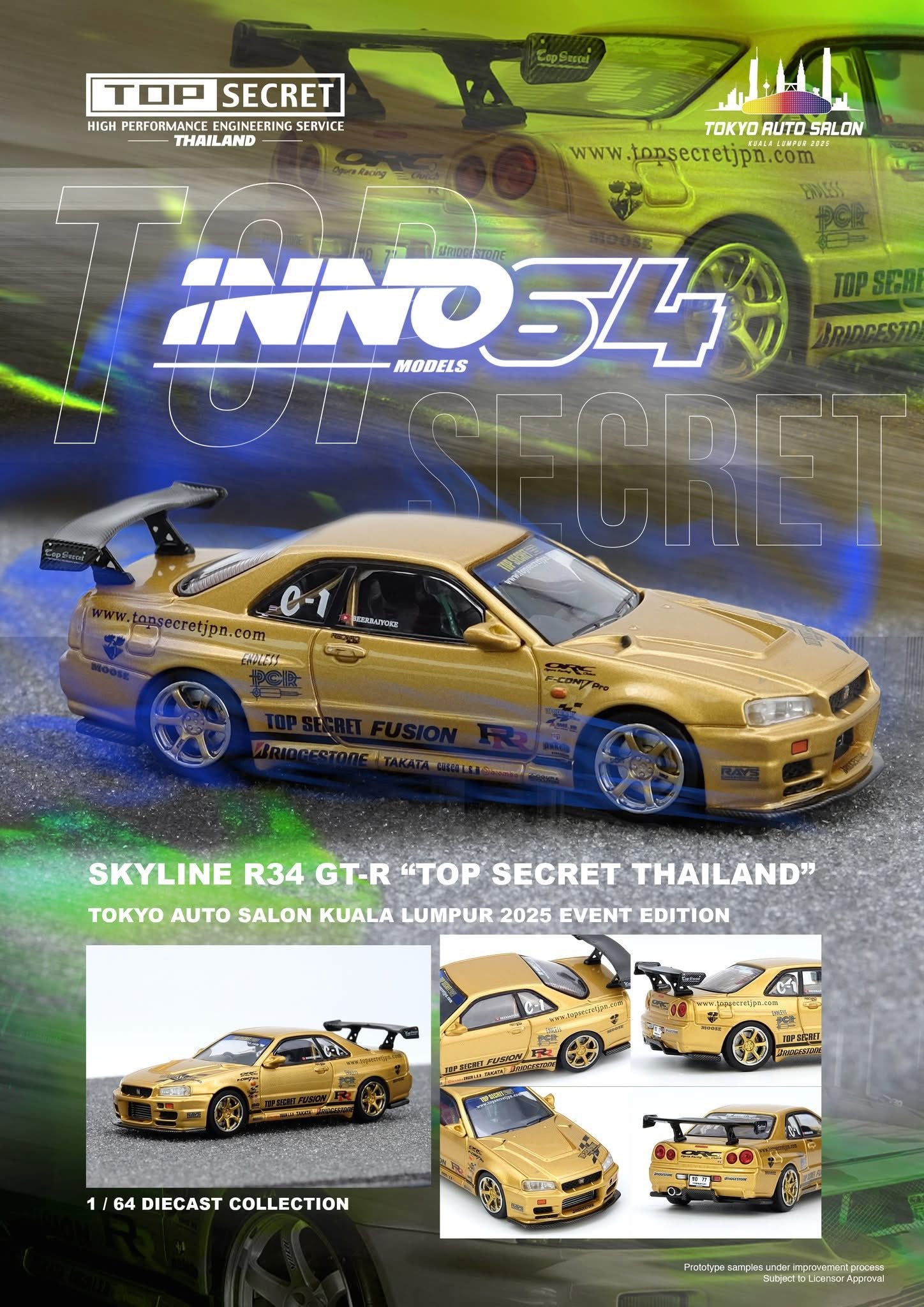 Taskl Inno64 Inno64 Nissan Skyline R34 GT-R Top Secret Thailand TASKL 2025 1/64 Die ...
