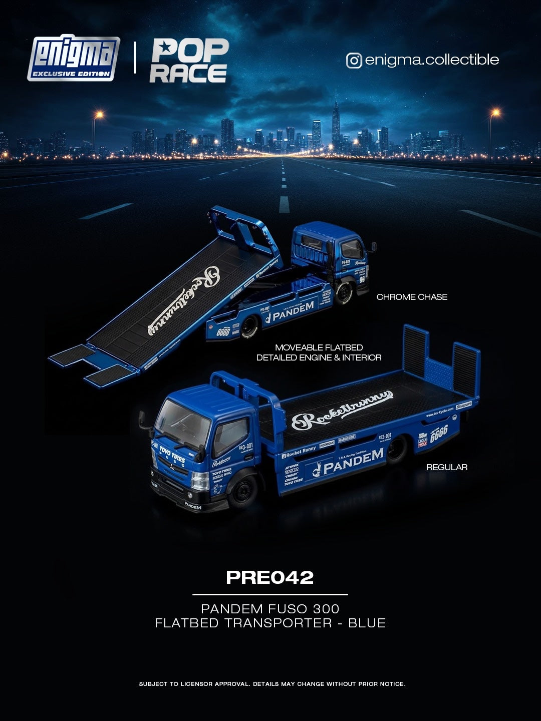 [PRE-ORDER] POP RACE Pandem Fuso 300 Flatbed Transporter Blue PRE042 1/64 Diecast