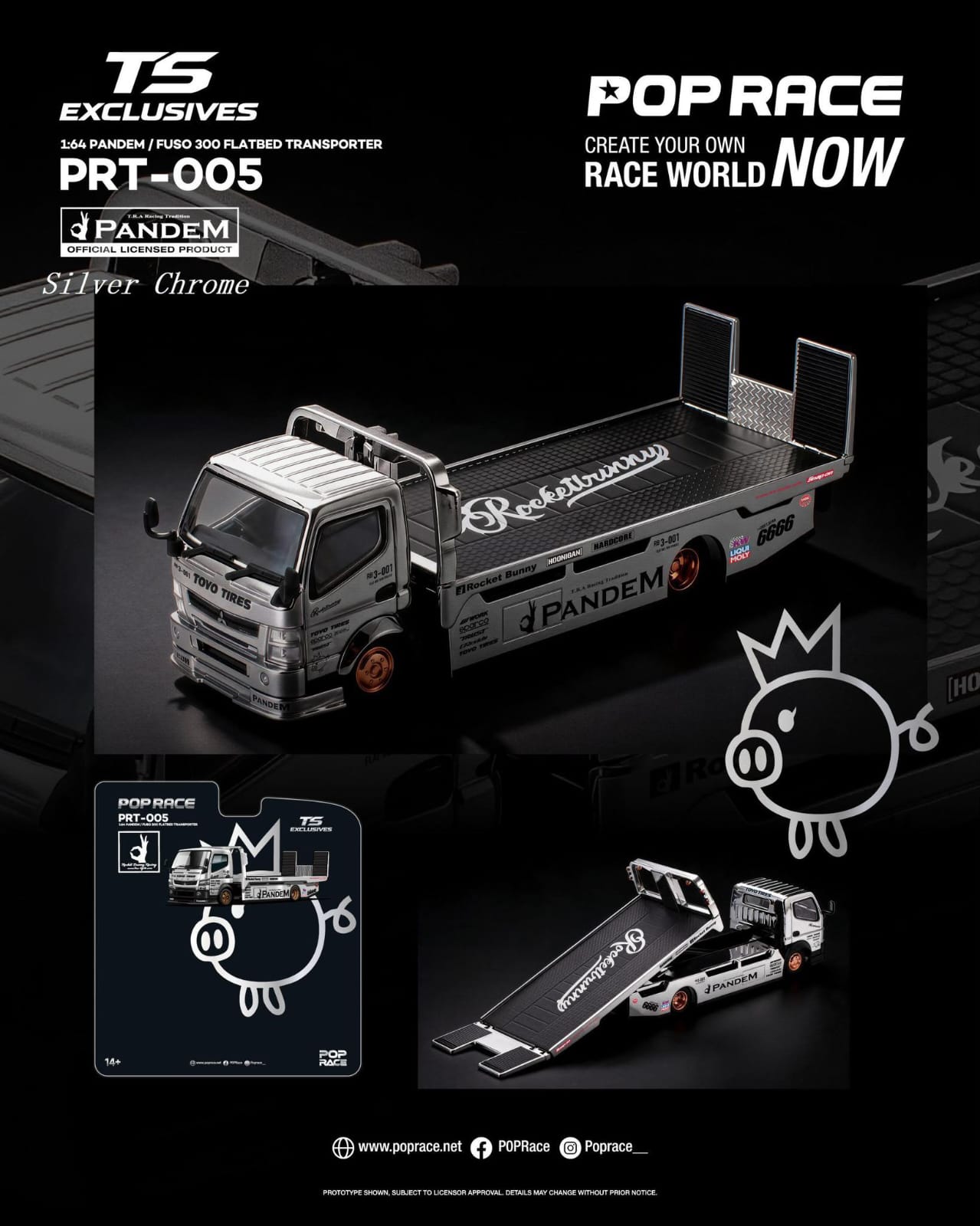 [Pre-Order] Pop Race Pandem Fuso 300 Flatbed Transporter Silver Chrome PRT005 1/64 Diecast
