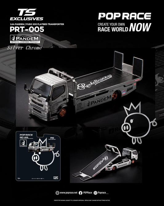 [Pre-Order] Pop Race Pandem Fuso 300 Flatbed Transporter Silver Chrome PRT005 1/64 Diecast